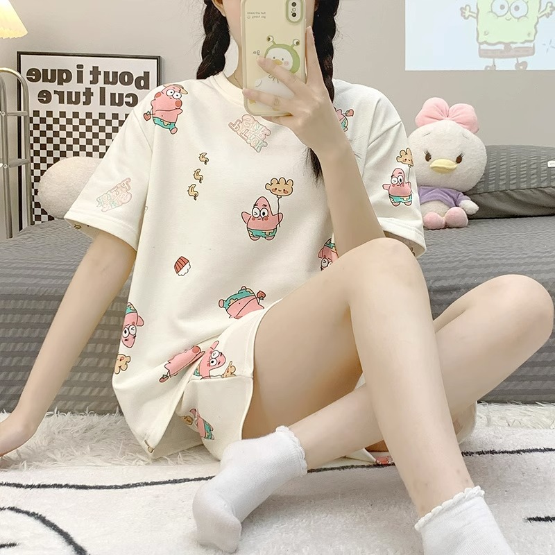 Summer Cotton Round Neck Homewear Women Short Sleeve Shorts 2 Pcs Brea photo 5 (style 10)