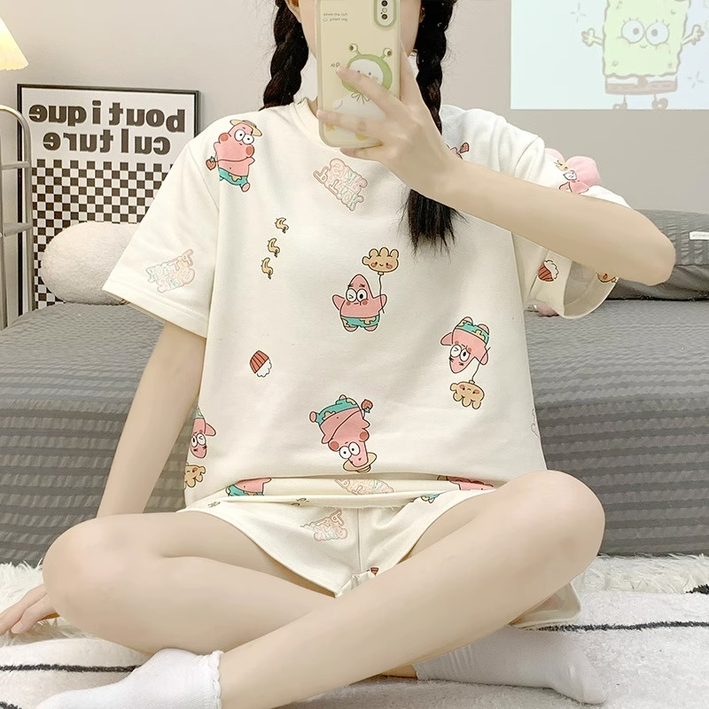 Summer Cotton Round Neck Homewear Women Short Sleeve Shorts 2 Pcs Brea photo 6 (style 10)