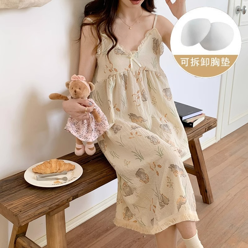 Summer Cotton Camisole Homewear Women Short Sleeve Shorts 2 Pcs Breath photo 7 (style local-BXT吊带裙胸垫)