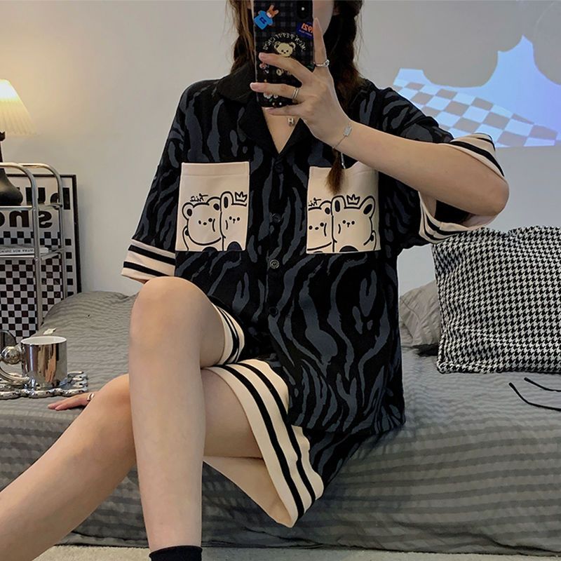 Summer Cotton Cardigan Homewear Women Short Sleeve Shorts 2 Pcs Breath photo 1 (style 19)