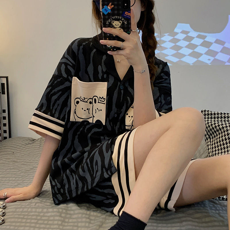 Summer Cotton Cardigan Homewear Women Short Sleeve Shorts 2 Pcs Breath photo 2 (style 19)
