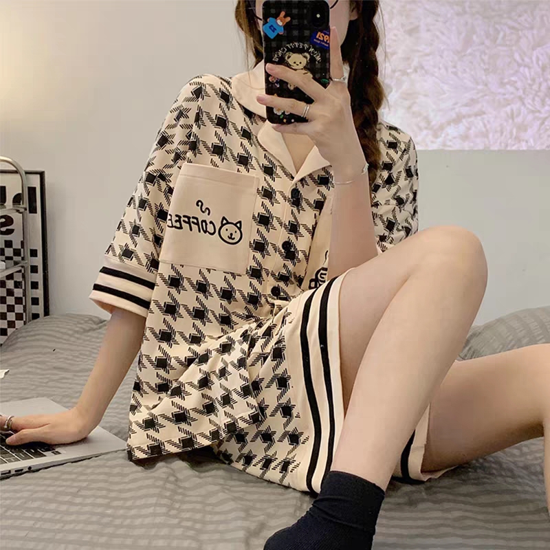 Summer Cotton Cardigan Homewear Women Short Sleeve Shorts 2 Pcs Breath photo 6 (style 19)