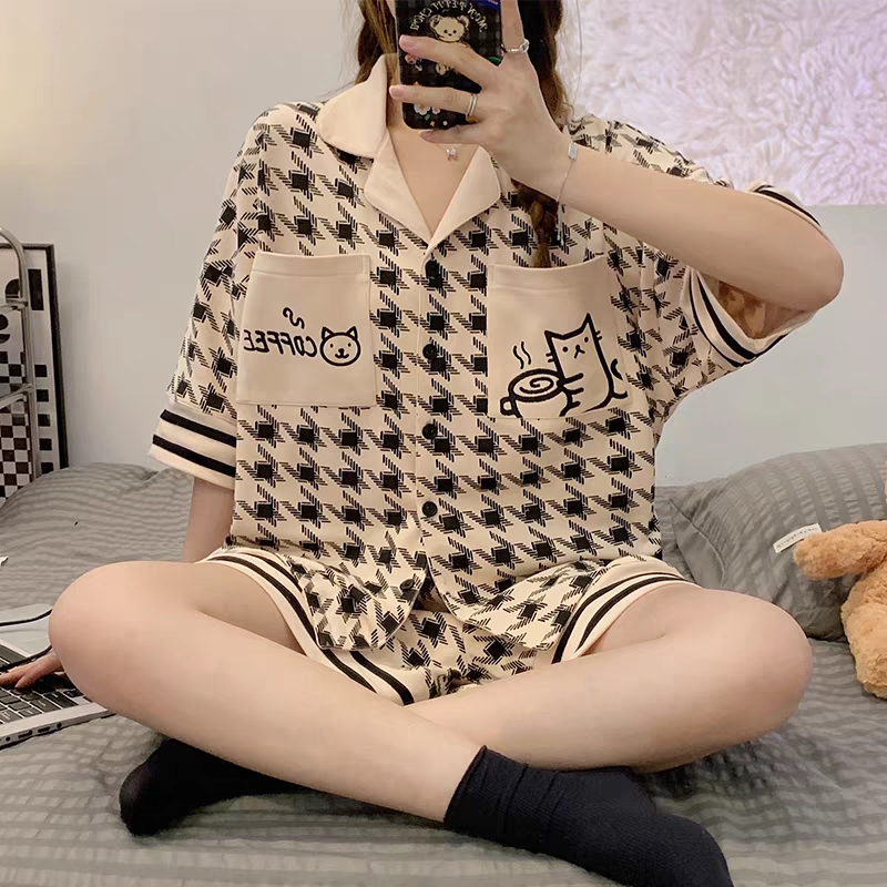 Summer Cotton Cardigan Homewear Women Short Sleeve Shorts 2 Pcs Breath photo 7 (style 19)