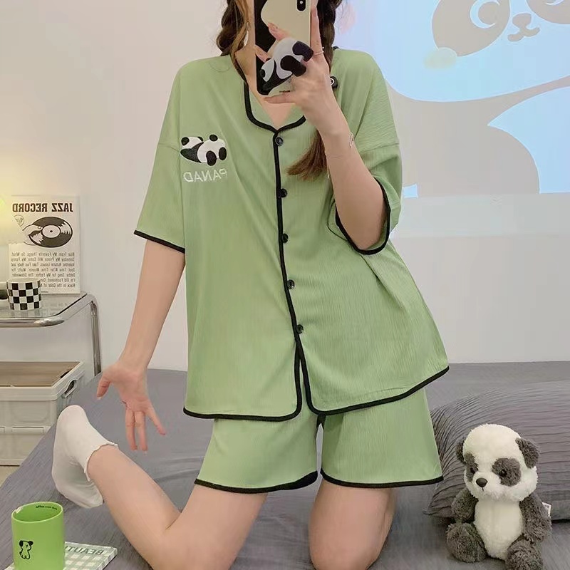 Summer Cotton Cardigan Homewear Women Short Sleeve Shorts 2 Pcs Breathable Wholesale