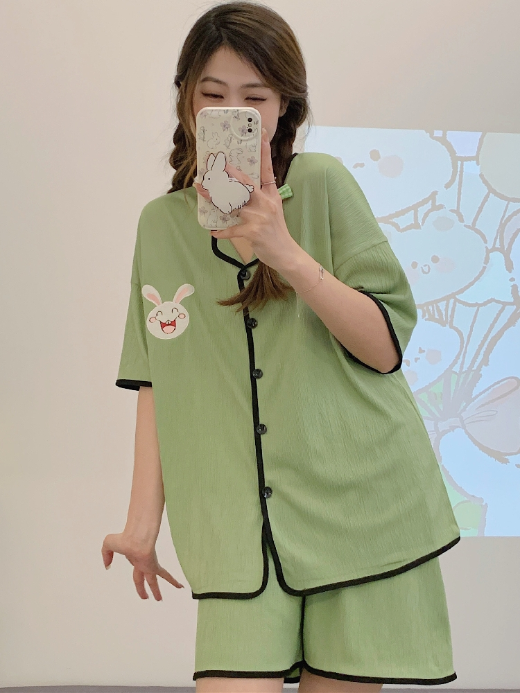 Summer Cotton Cardigan Homewear Women Short Sleeve Shorts 2 Pcs Breath photo 4 (style 13)