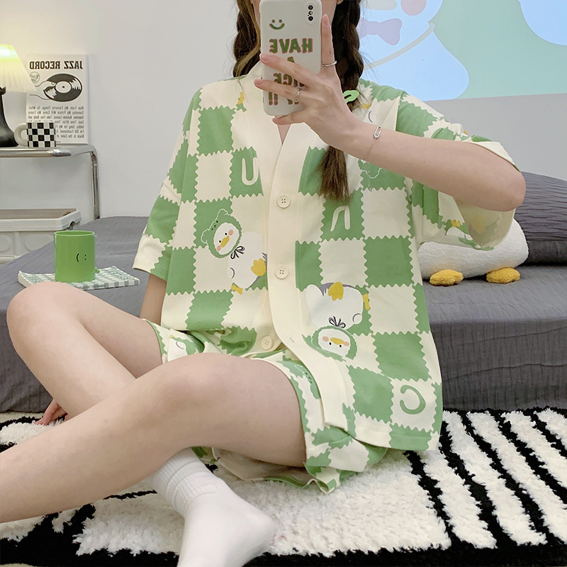 Summer Cotton Cardigan Homewear Women Short Sleeve Shorts 2 Pcs Breath photo 7 (style 13)