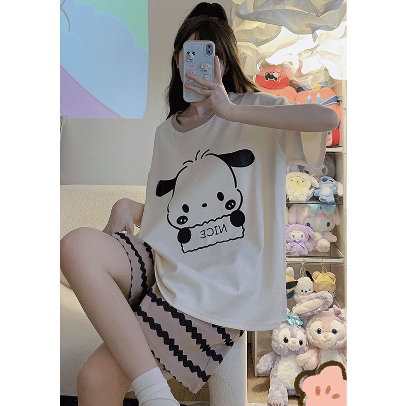 Summer Cotton Round Neck Homewear Women Short Sleeve Shorts 2 Pcs Brea photo 4 (style 12)