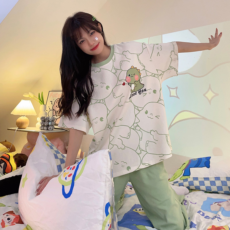 Summer Cotton Homewear Women Short Sleeve Shorts 2 Pcs Breathable Comf photo 3 (style 11)