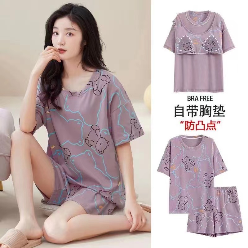 Women's Summer Pure Cotton Pajama Set with Chest Pad, Short Sleeve & S photo 3 (style SM-8C26C9)