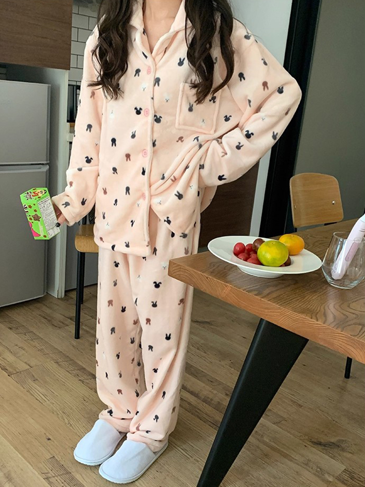 Autumn Winter Flannel Homewear Women Short Sleeve Shorts 2 Pcs Thick W photo 2 (style 835352)