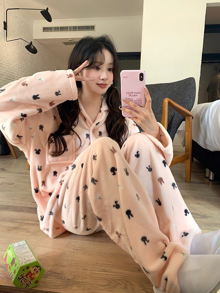 Autumn Winter Flannel Homewear Women Short Sleeve Shorts 2 Pcs Thick W photo 3 (style 835352)