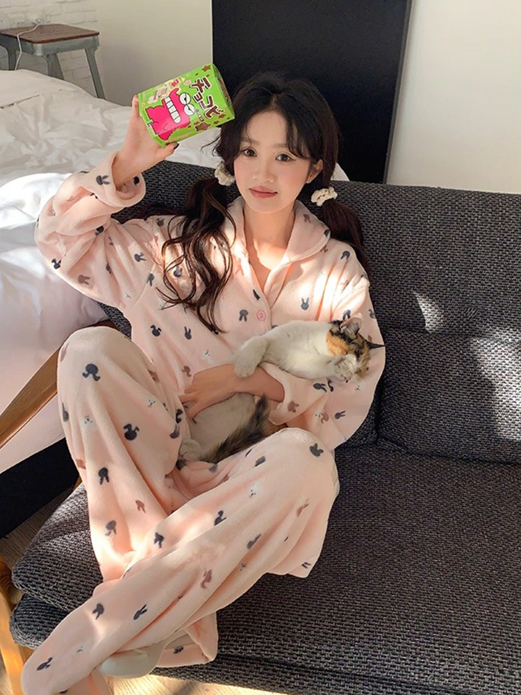 Autumn Winter Flannel Homewear Women Short Sleeve Shorts 2 Pcs Thick W photo 6 (style 835352)