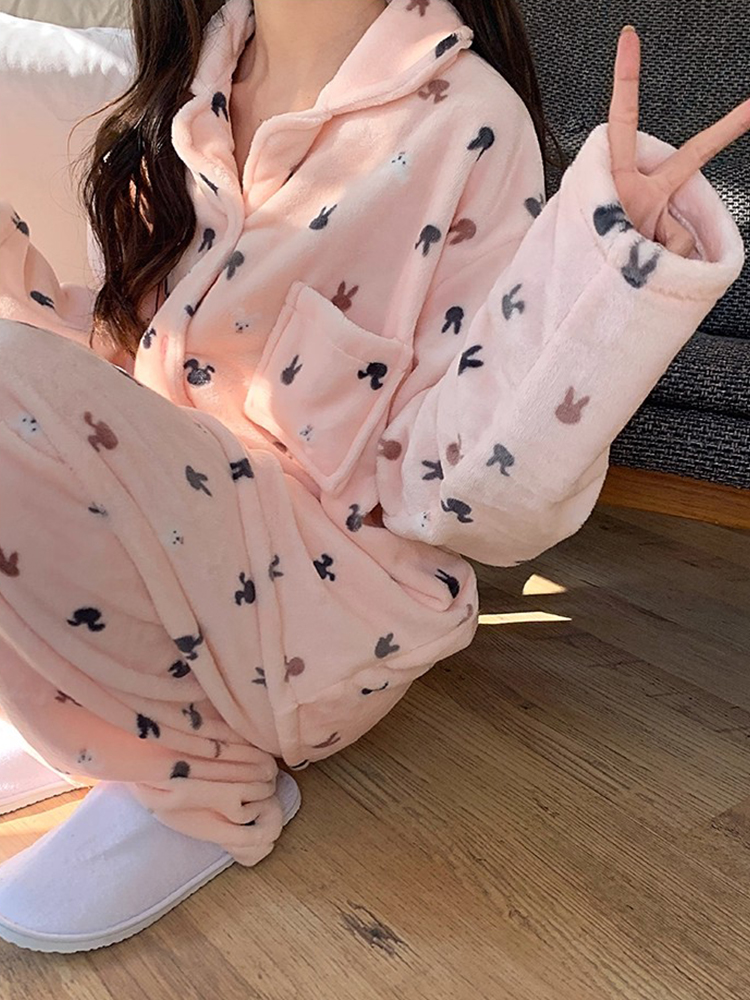Autumn Winter Flannel Homewear Women Short Sleeve Shorts 2 Pcs Thick W photo 7 (style 835352)