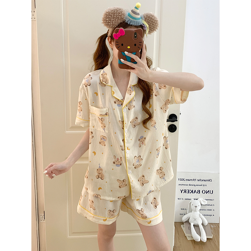 Summer Cotton Collar Homewear Women Short Sleeve Shorts 2 Pcs Breathab photo 1 (style 1028)