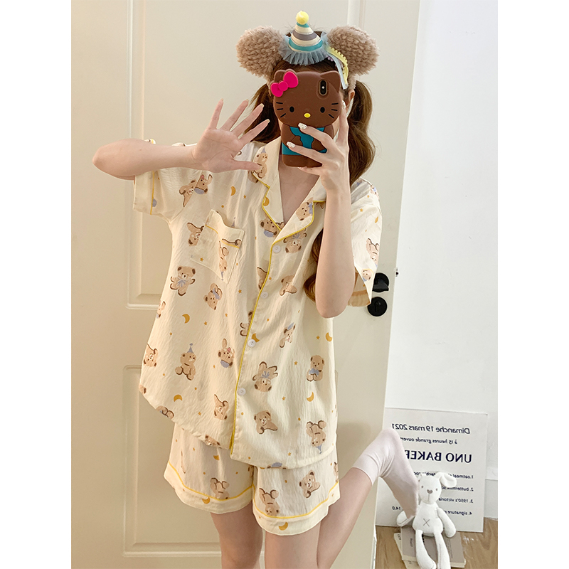 Summer Cotton Collar Homewear Women Short Sleeve Shorts 2 Pcs Breathab photo 2 (style 1028)