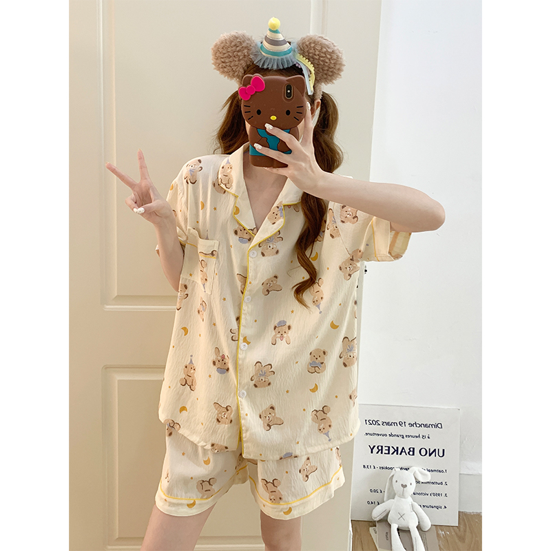 Summer Cotton Collar Homewear Women Short Sleeve Shorts 2 Pcs Breathab photo 3 (style 1028)