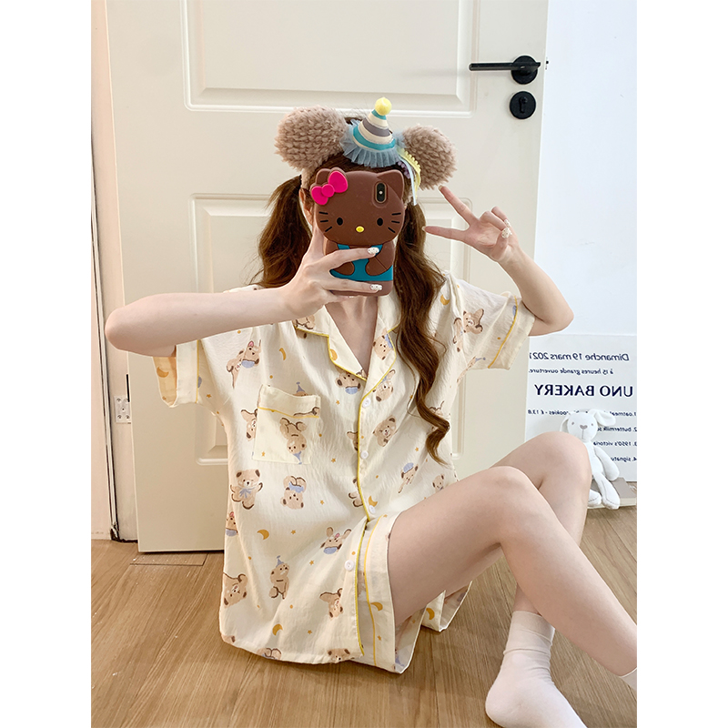 Summer Cotton Collar Homewear Women Short Sleeve Shorts 2 Pcs Breathab photo 4 (style 1028)