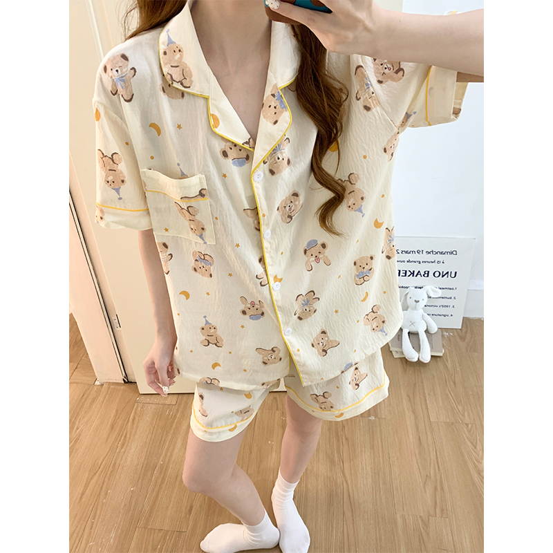 Summer Cotton Collar Homewear Women Short Sleeve Shorts 2 Pcs Breathab photo 5 (style 1028)