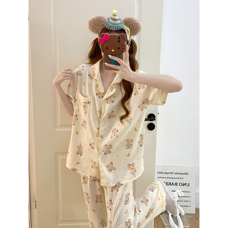 Summer Cotton Collar Homewear Women Short Sleeve Shorts 2 Pcs Breathab photo 1 (style 2028)