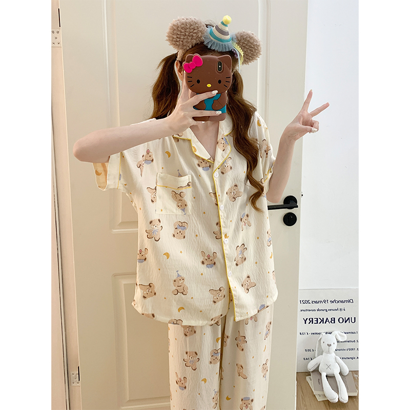 Summer Cotton Collar Homewear Women Short Sleeve Shorts 2 Pcs Breathab photo 2 (style 2028)
