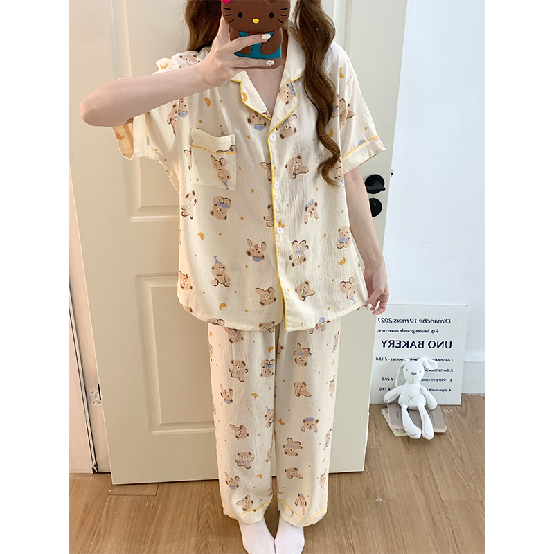 Summer Cotton Collar Homewear Women Short Sleeve Shorts 2 Pcs Breathab photo 4 (style 2028)