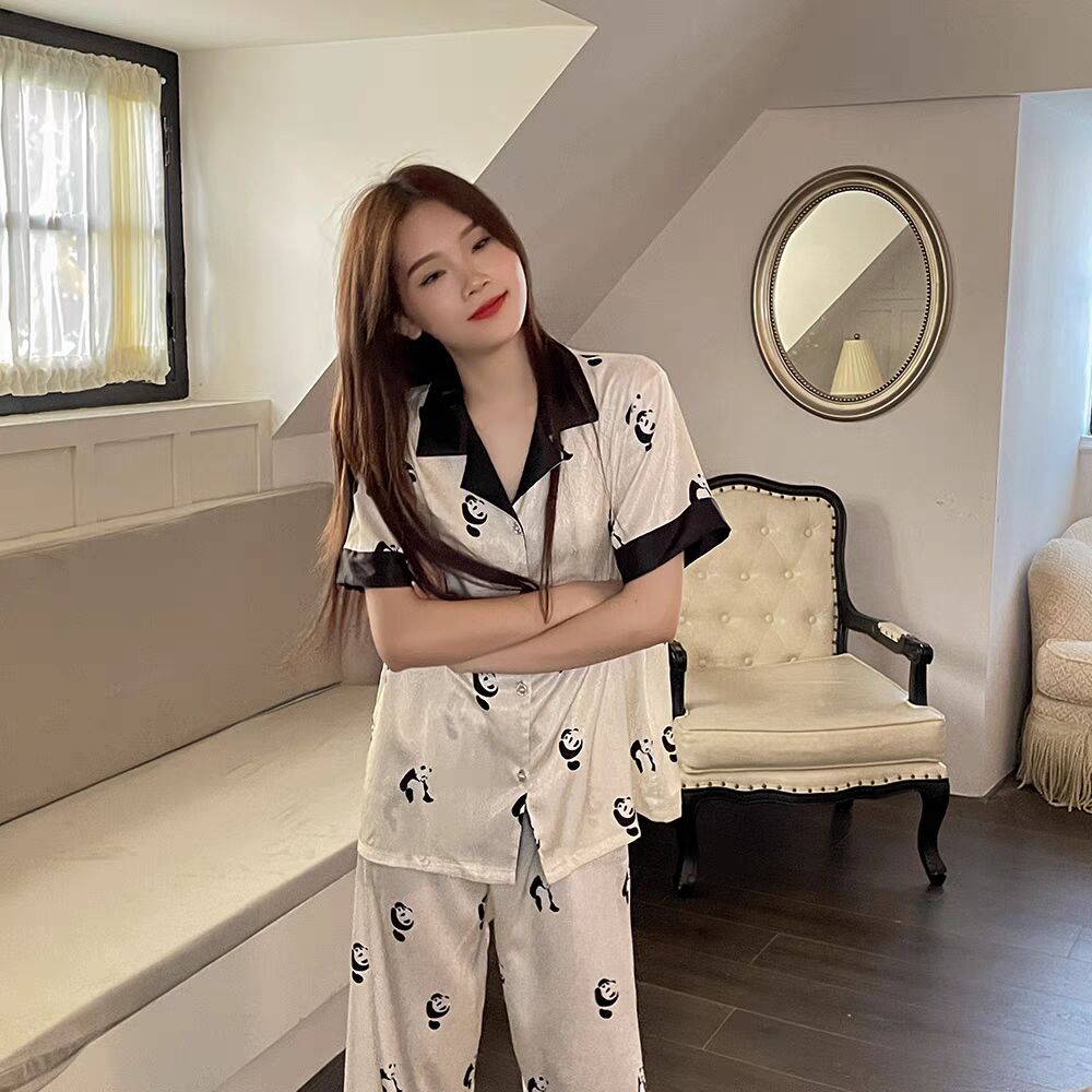 Women's Summer Ice Silk Pajama Set Short Sleeve Cardigan and Shorts Breathable Loungewear