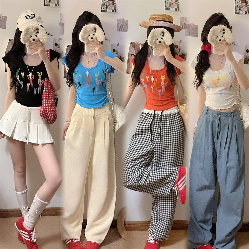 5102# Summer New Sweet Butterfly Print Design Short T-Shirt Slim Women One Piece With Pads
