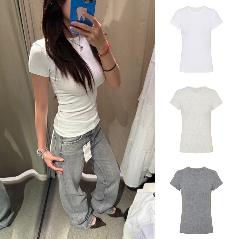 2 19-32.3 Slim Fit Shoulder T-Shirt Women Summer Hot Waist Base Layer Short Sleeve