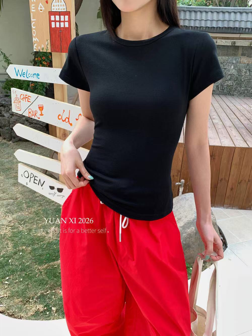 26 Spring Summer Hot Solid Shoulder Top Women Korean Slim Round Neck S photo 5 (style 2426)
