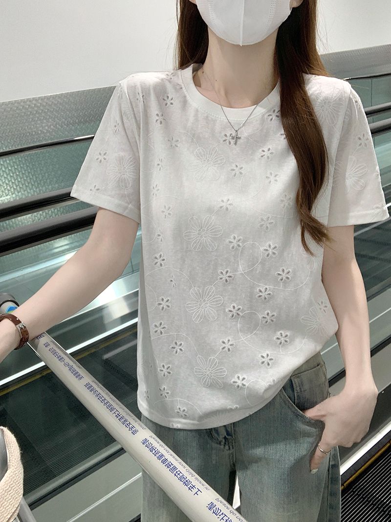 Real Shot Short Sleeve T-Shirt Women Summer Trendy Shoulder Korean Design White Embroidery
