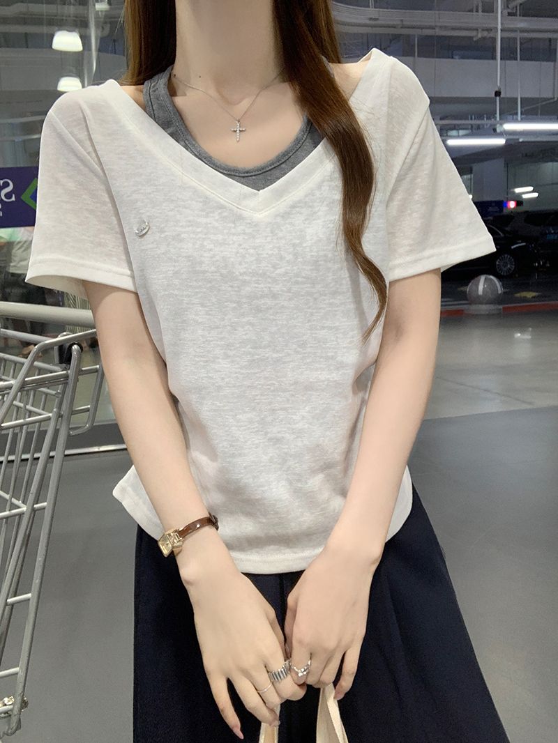 Real Shot 165g Snow Cotton Short Sleeve T-Shirt Women Summer New Design Solid Fake 2 Pcs V Neck