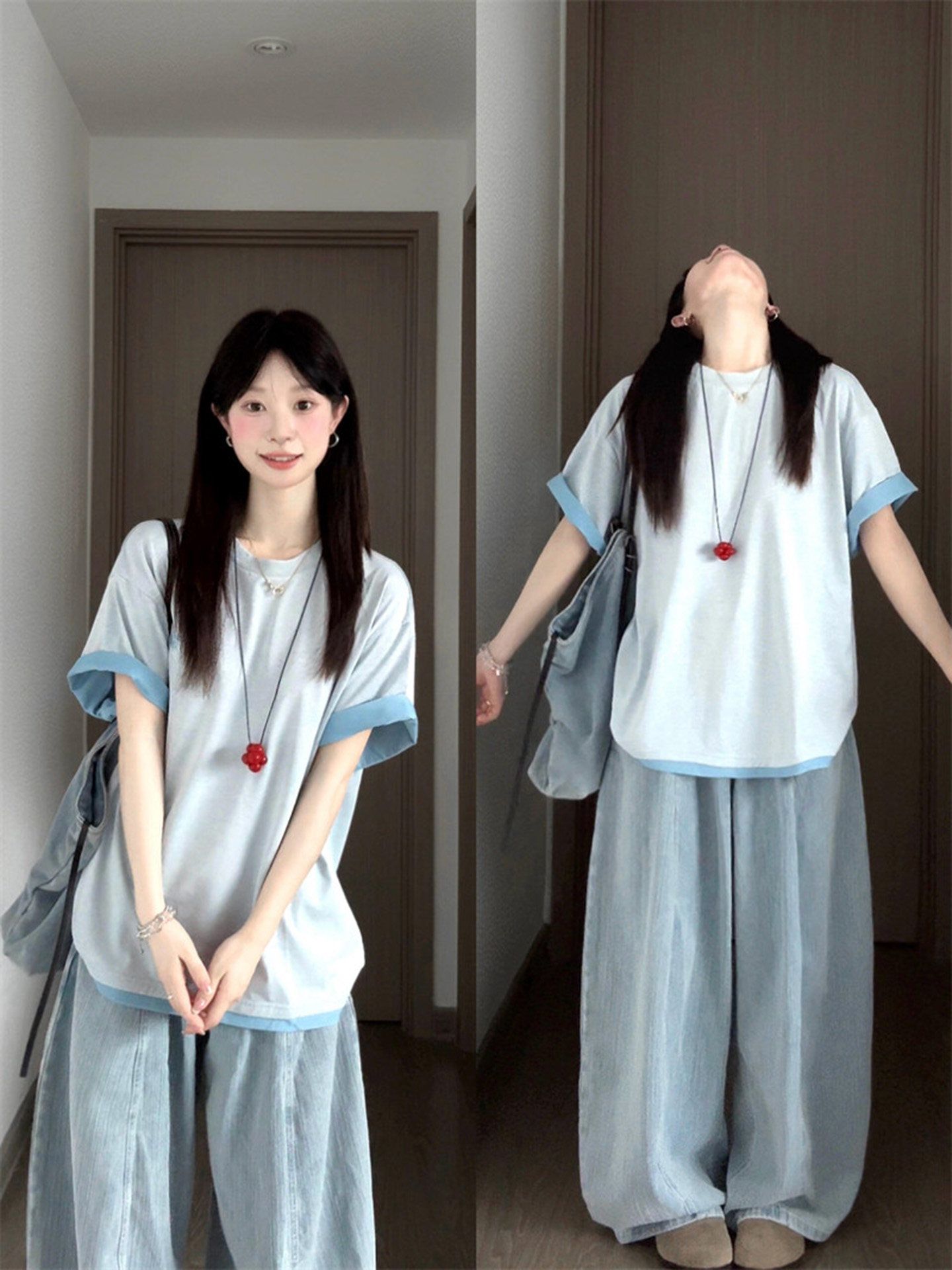 Official 210g Double Sided Two Color Short Sleeve T-Shirt Women Summer New Loose Embroidery