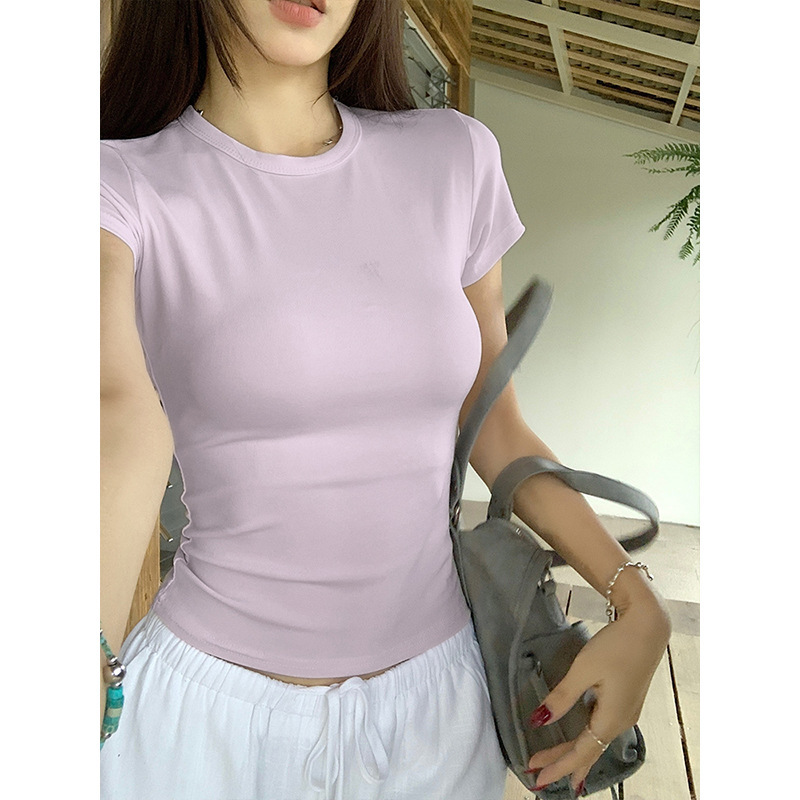Shiyang Round Neck Slim Short Shoulder T-Shirt Women Summer Dopamine C photo 6 (style 43)