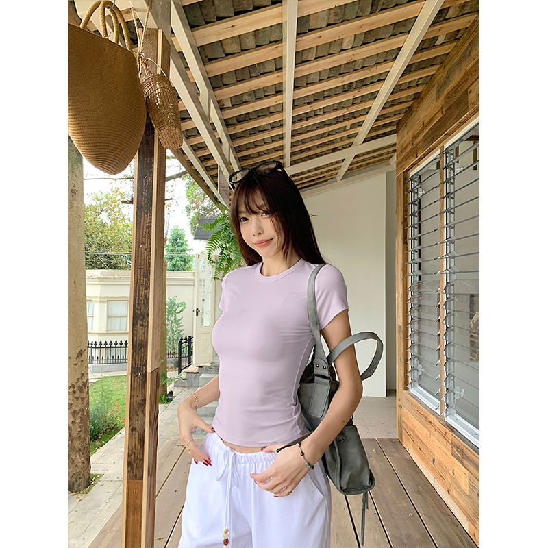 Shiyang Round Neck Slim Short Shoulder T-Shirt Women Summer Dopamine C photo 7 (style 43)