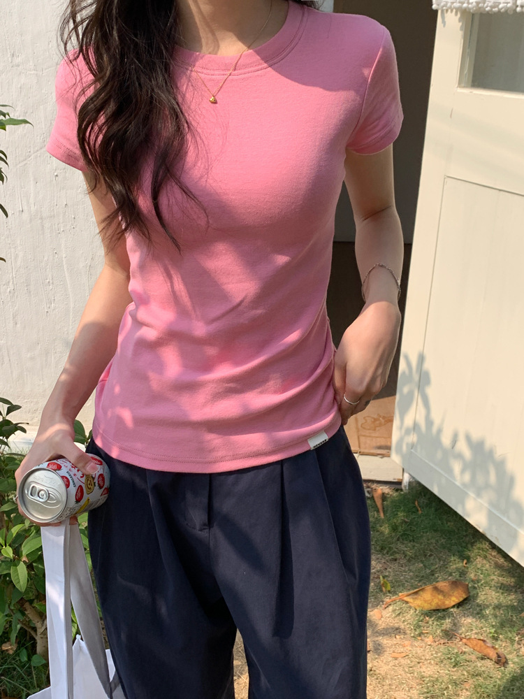 2026 New Short Sleeve T-Shirt Women Summer Korean Slim Solid Inner Rou photo 5 (style 4895892026)