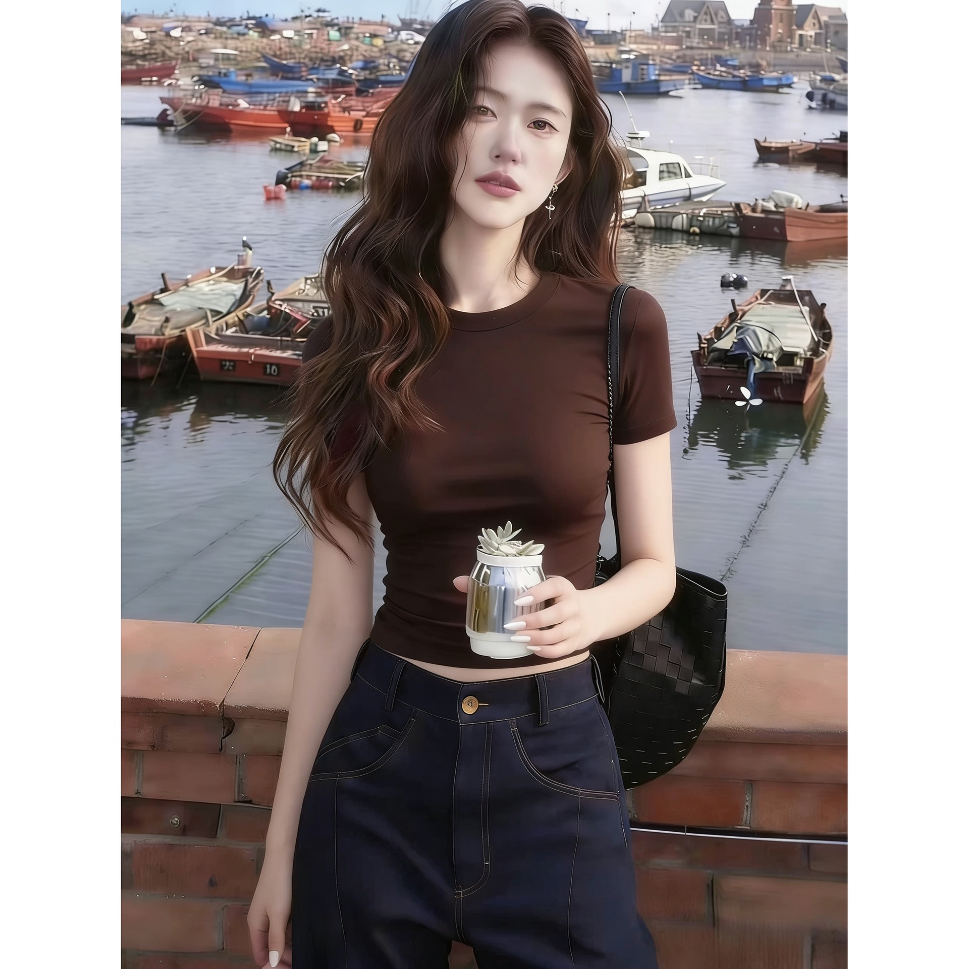 Premium Shoulder Coffee T-Shirt Women Short Sleeve 2026 New Inner Slim Ins Early Spring