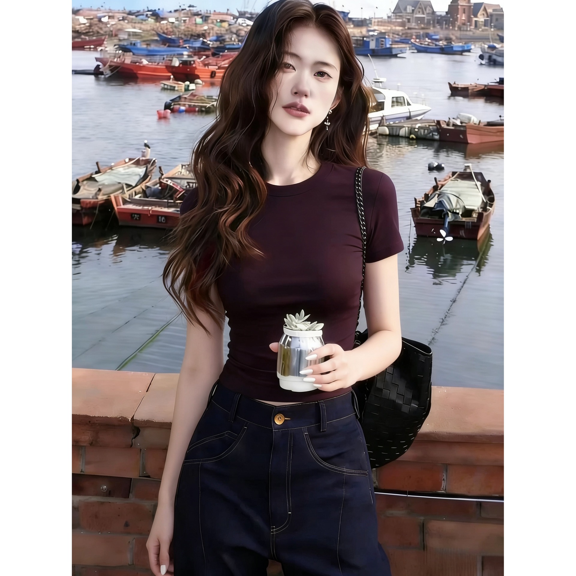 Premium Shoulder Coffee T-Shirt Women Short Sleeve 2026 New Inner Slim photo 4 (style 57882)