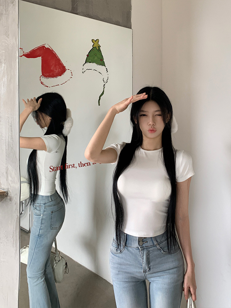 Export Slim Short Sleeve T-Shirt Women 2025 Summer New Korean White Shoulder Base Top