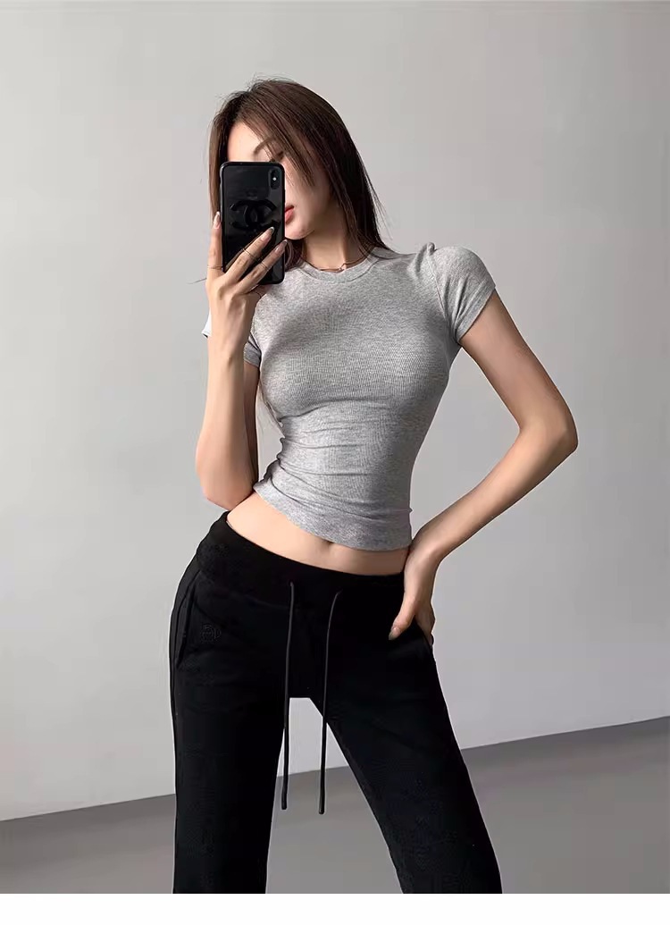 Cross-border Ins Sexy Tight Rib High Elastic Short Sleeve T-Shirt Wome photo 3 (style 65)