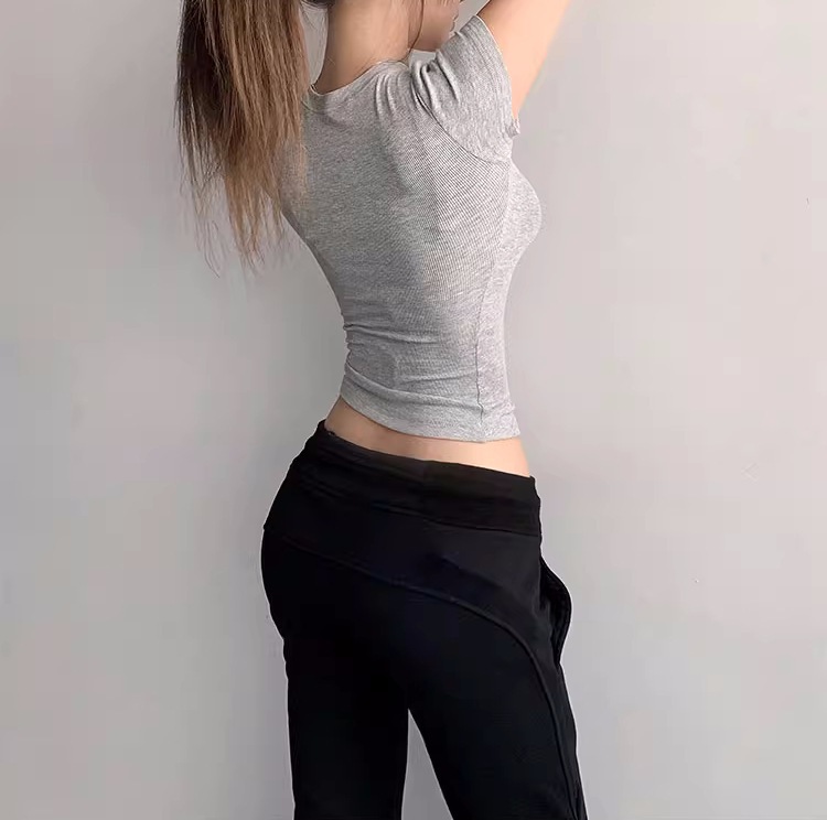 Cross-border Ins Sexy Tight Rib High Elastic Short Sleeve T-Shirt Wome photo 5 (style 65)