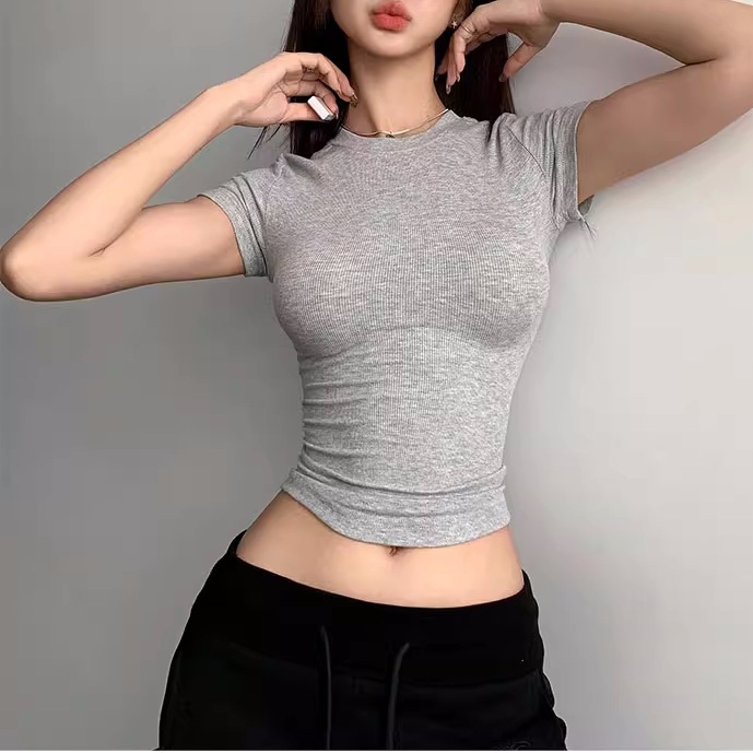 Cross-border Ins Sexy Tight Rib High Elastic Short Sleeve T-Shirt Wome photo 6 (style 65)
