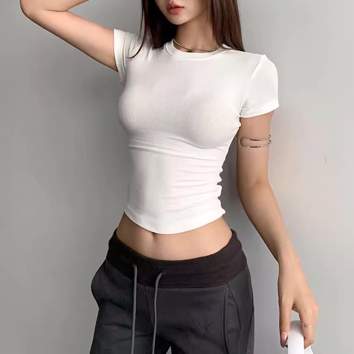 Cross-border Ins Sexy Tight Rib High Elastic Short Sleeve T-Shirt Wome photo 7 (style 65)