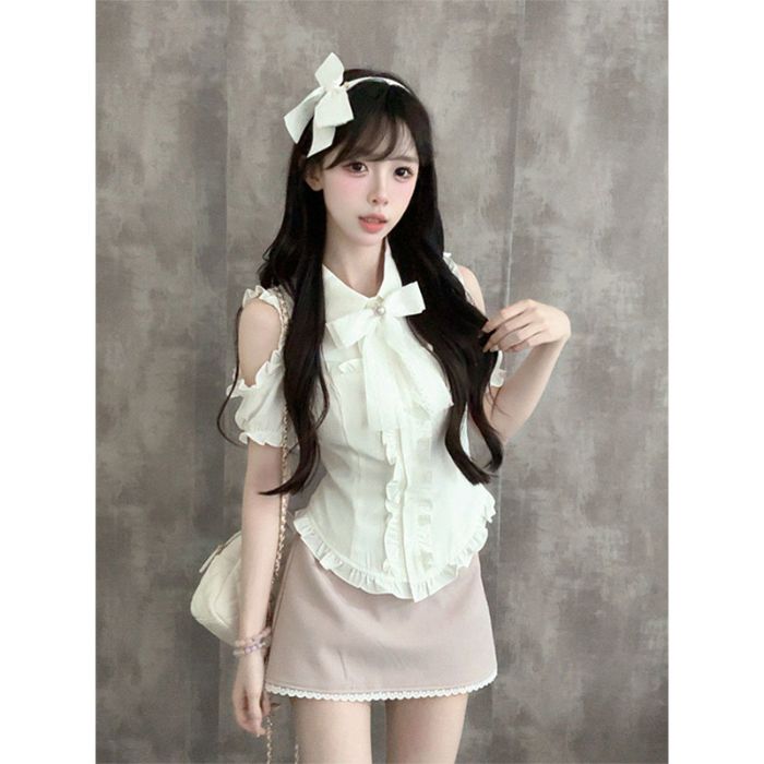 Sweet Design Off Shoulder Short Sleeve Shirt Women Summer 2026 New Hig photo 6 (style 672)
