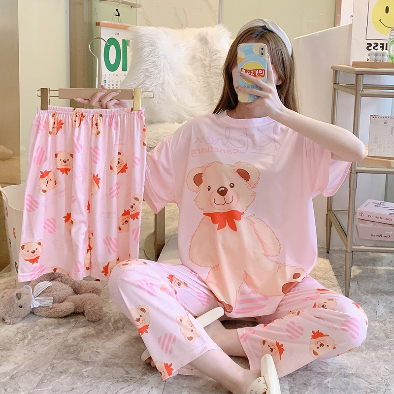 Summer Cotton Homewear Women Short Sleeve Shorts 2 Pcs Breathable Comf photo 2 (style 2)