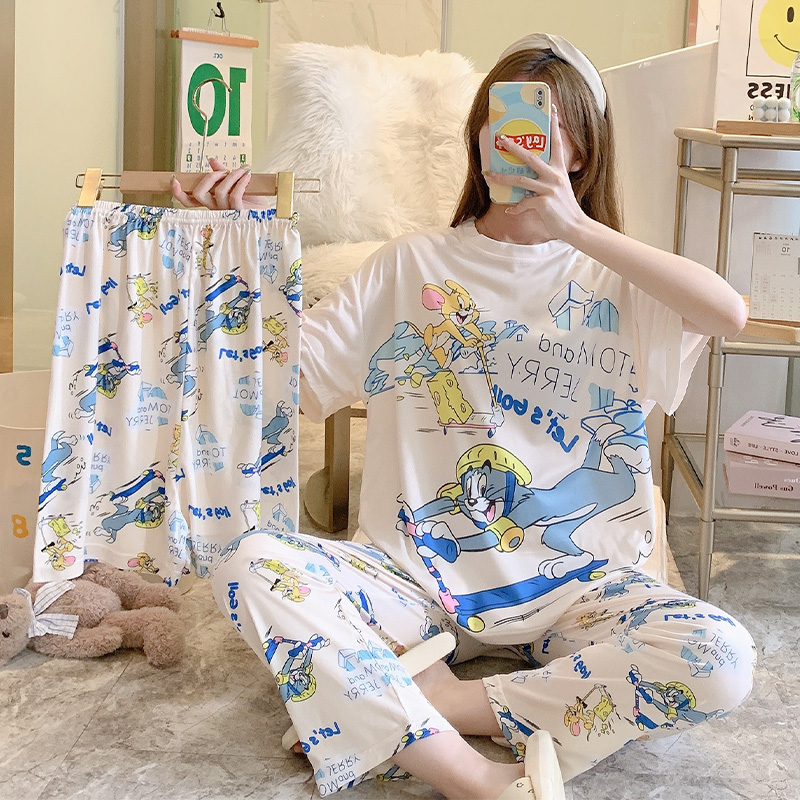 Summer Cotton Homewear Women Short Sleeve Shorts 2 Pcs Breathable Comf photo 4 (style 2)