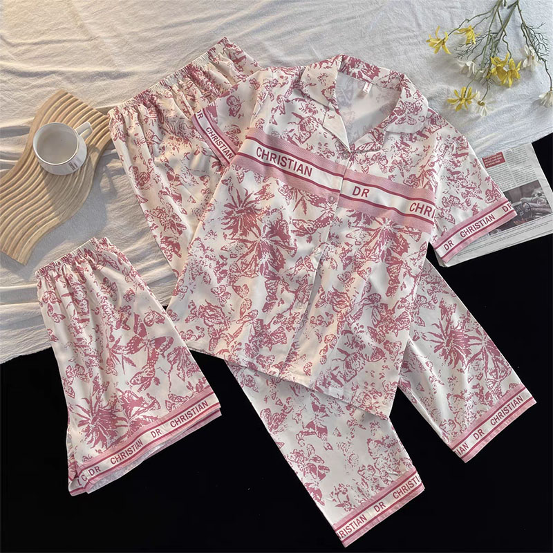 Summer Ice Silk Homewear Women Short Sleeve Shorts 2 Pcs Breathable Co photo 3 (style 40)