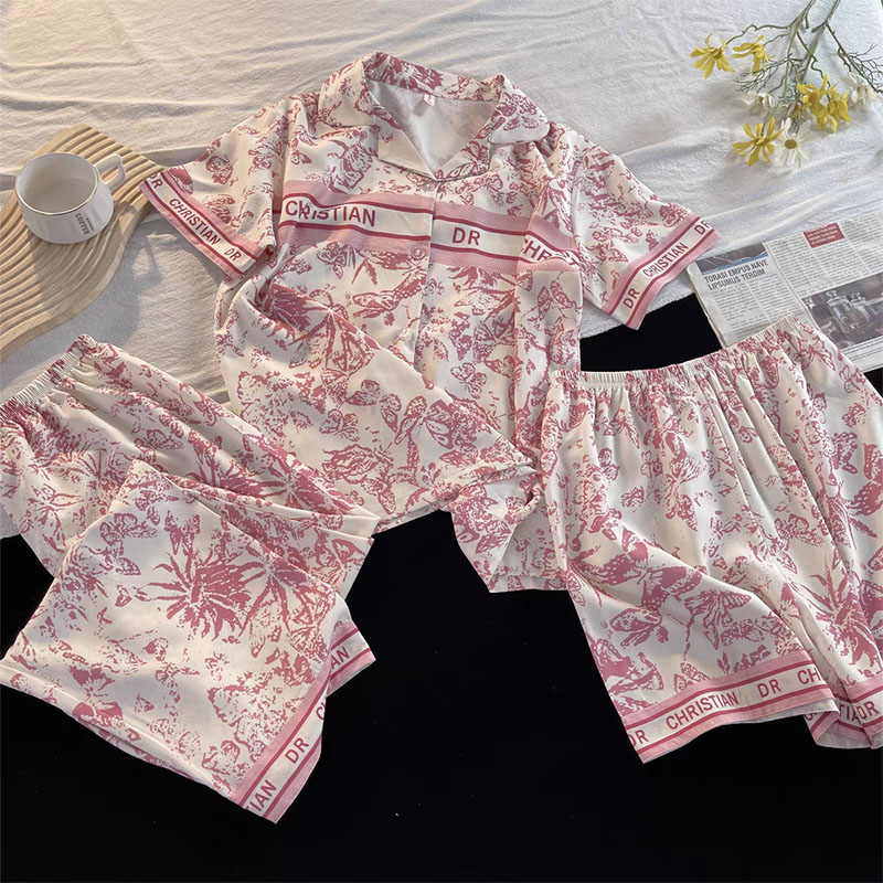 Summer Ice Silk Homewear Women Short Sleeve Shorts 2 Pcs Breathable Co photo 4 (style 40)