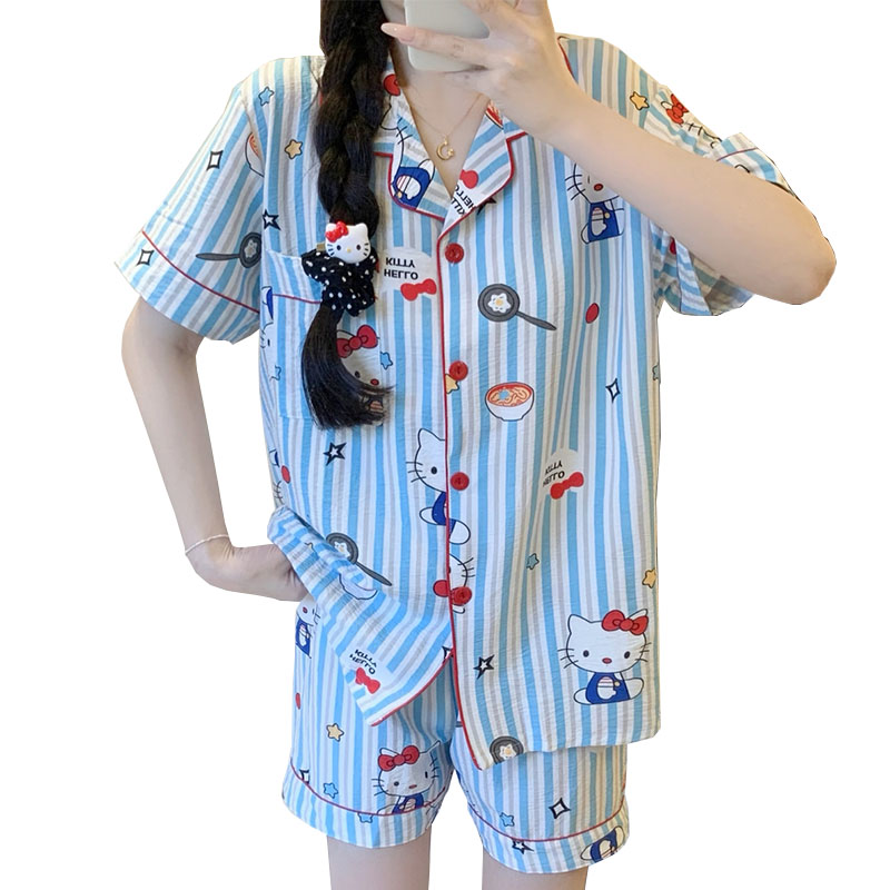 Summer Cloud Cotton Homewear Women Short Sleeve Shorts 2 Pcs Breathabl photo 1 (style local-云朵棉双短)