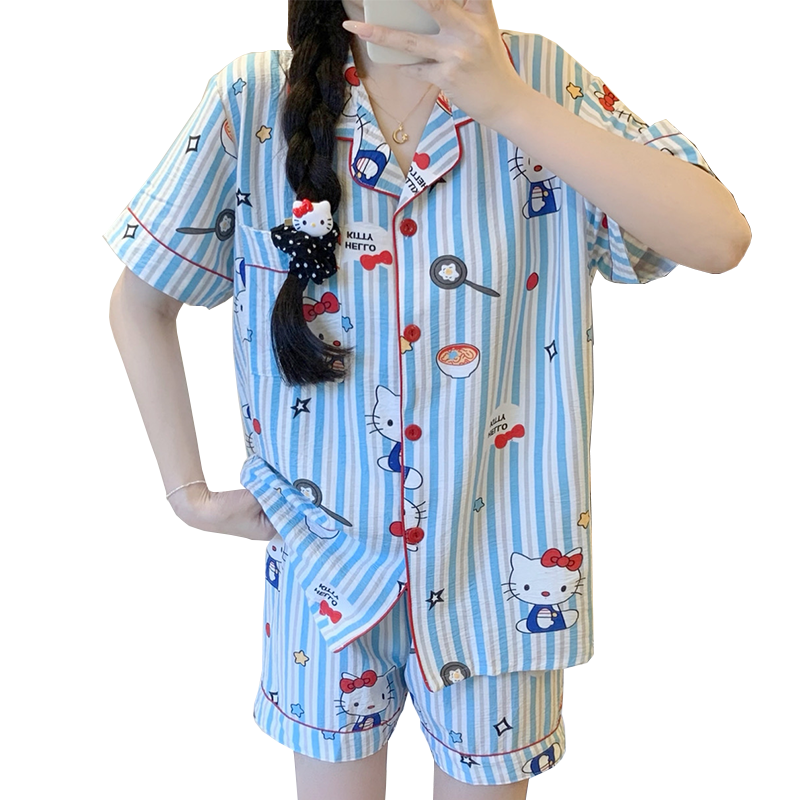 Summer Cloud Cotton Homewear Women Short Sleeve Shorts 2 Pcs Breathabl photo 2 (style local-云朵棉双短)