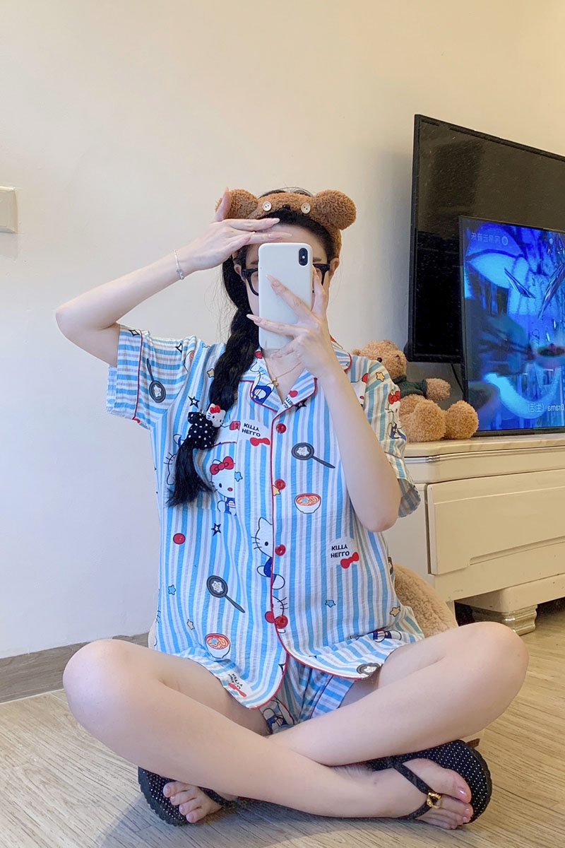 Summer Cloud Cotton Homewear Women Short Sleeve Shorts 2 Pcs Breathabl photo 3 (style local-云朵棉双短)